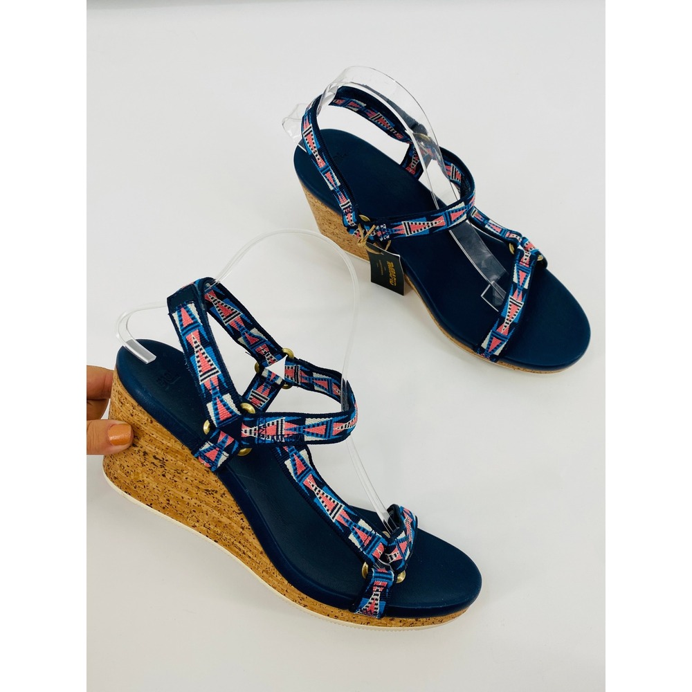 Teva Zirra Cork Wedge Sandals Women 10 Navy Blue Geometric Strappy Boho